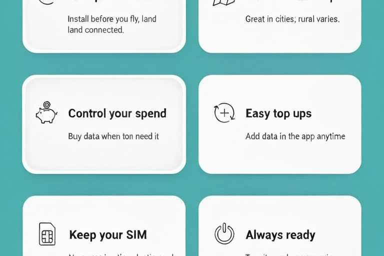 Infographic showing the benefits of using an eSIM in Japan, including easy setup and data control