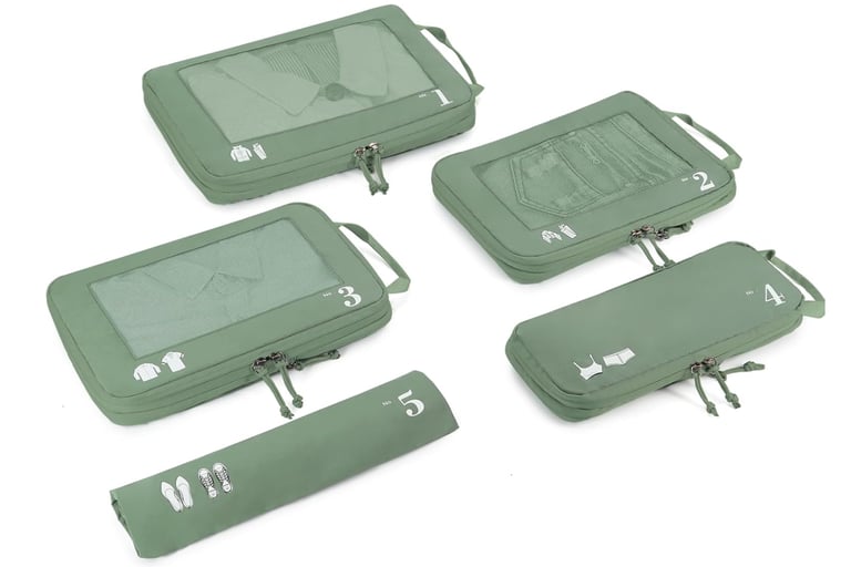 Set of five sage green travel packing cubes with mesh panels for organized suitcase storage.