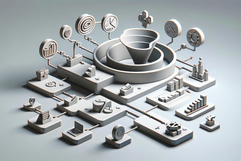 A 3D sales funnel pipeline graphic with business icons and metrics leading to a central structure.