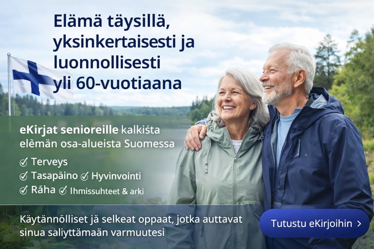eKirjat yli 60-vuotiaille Suomessa: terveys, tasapaino, hyvinvointi, raha, ihmissuhteet ja arki. Käy