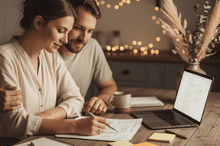 Couple souriant planifiant ensemble comment organiser un mariage avec un petit budget avec un café