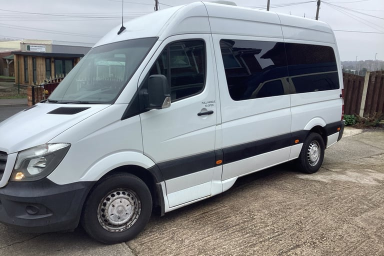 A white Mercedes-Benz Sprinter passenger van parked on a concrete driveway for commercial use.
