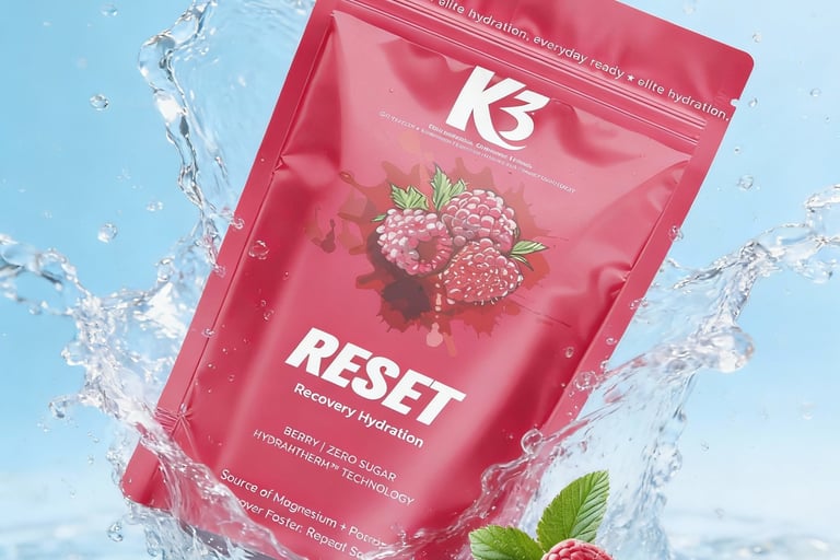 A K3 RESET sachet — the proprietary three-layer system, set to its recovery-balance profile.
