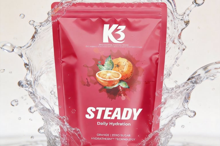 A K3 STEADY sachet — the proprietary three-layer system, set to its lightest daily profile.