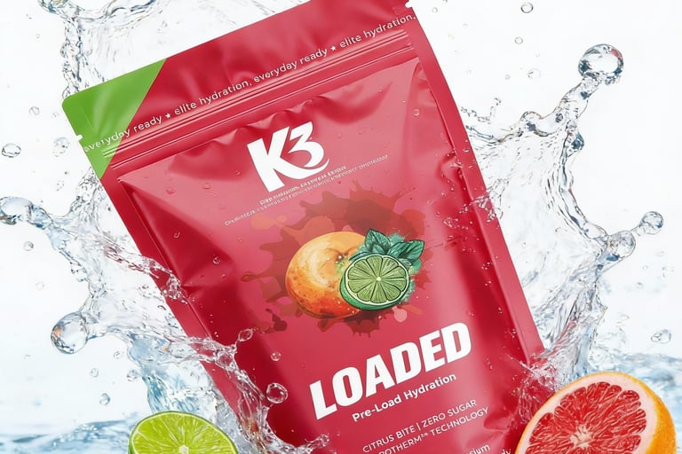 A K3 LOADED sachet — the proprietary three-layer system, set to its highest pre-session loading 