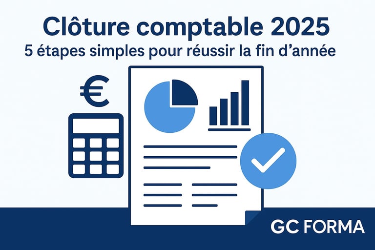 Illustration d’un bureau moderne avec documents comptables et graphiques bleus pour un article GC FO