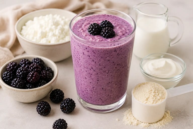 Purple blackberry smoothie in a glass surrounded by fresh blackberries, cottage cheese, milk, yogurt, and protein powder.