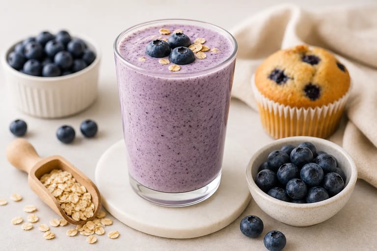 A glass of purple blueberry smoothie with oats, fresh blueberries in a bowl, and a blueberry muffin.