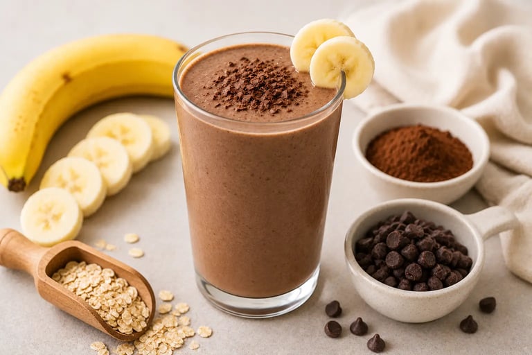 Chocolate banana protein smoothie with oats, cocoa powder, and dark chocolate chips.
