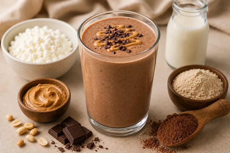 Chocolate peanut butter protein smoothie with cottage cheese, cocoa powder, and dark chocolate chips.