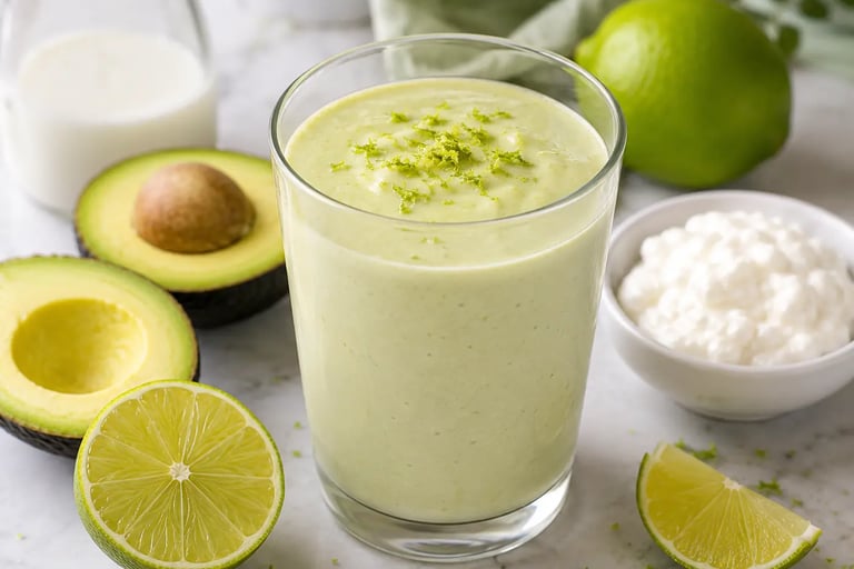 Creamy avocado lime smoothie in a glass with fresh lime zest, avocado halves, and yogurt.