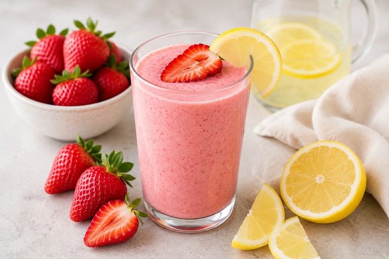 Fresh strawberry lemon smoothie in a glass garnished with fruit slices and whole berries.