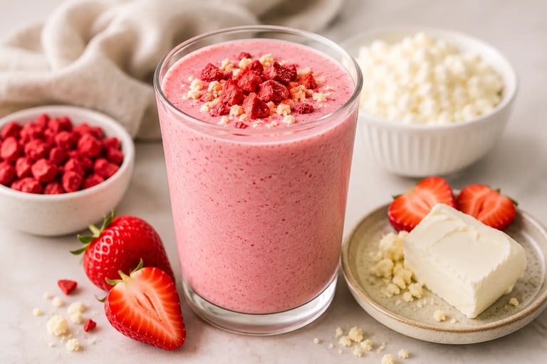 Creamy strawberry cheesecake protein smoothie topped with dried berries and graham cracker crumbles.