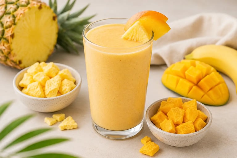 A refreshing tropical mango pineapple smoothie in a tall glass surrounded by fresh fruit ingredients.