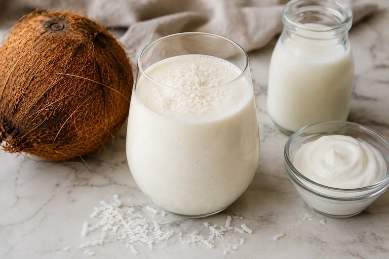 Fresh coconut smoothie in a glass, with shredded coconut, coconut milk, and yogurt, on a white marble surface.
