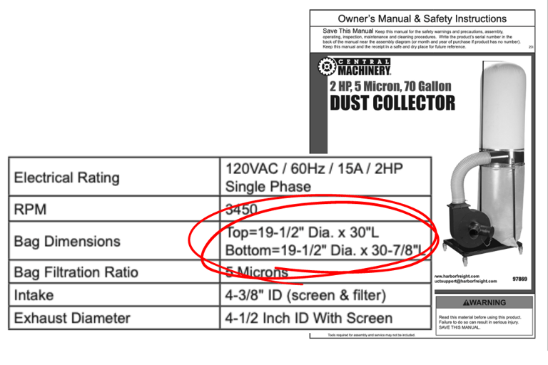Harbor Freight Dust Collector Bag Specs