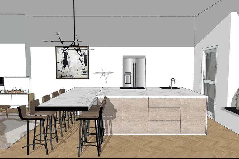 3D visualization, kitchen design, living room design, Calma interior design