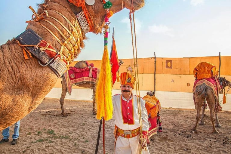 a man in a costume standing in front of a camel