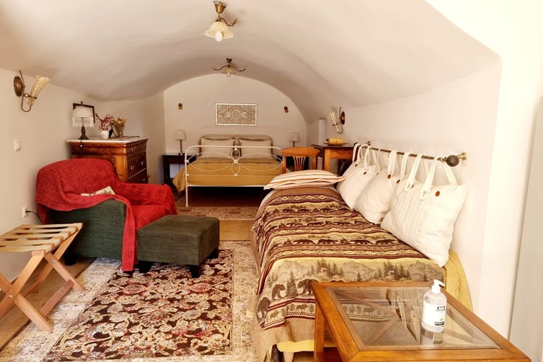 a bedroom with a bed and a couch