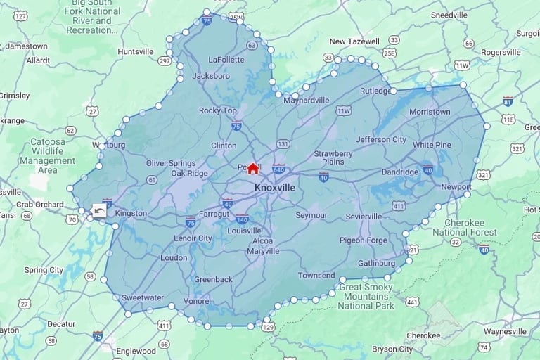 map of the Knoxville region and real estate photography service area