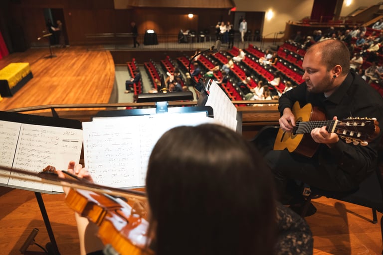 a man playing guitar and guitar in a concert hall
