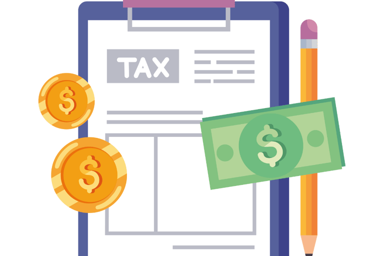  um recorte de uma prancheta com um recorte de dinheiro e uma caneta