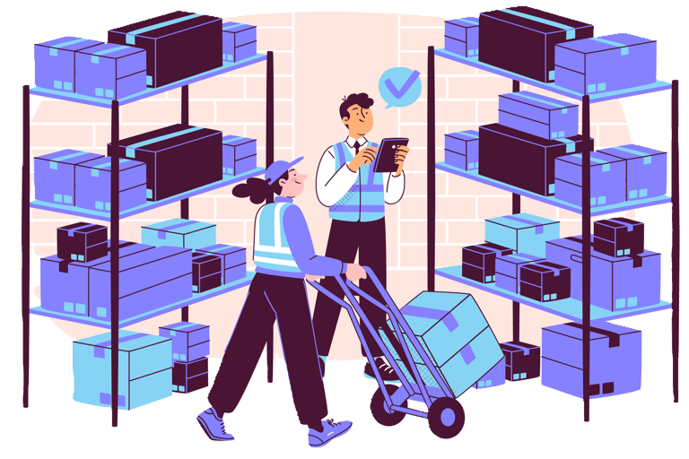 a man and woman in a warehouse with boxes and boxes