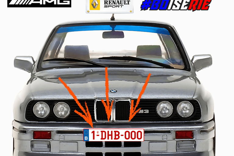 Une BMW M3 E30 grise avec une plaque d'immatriculation belge