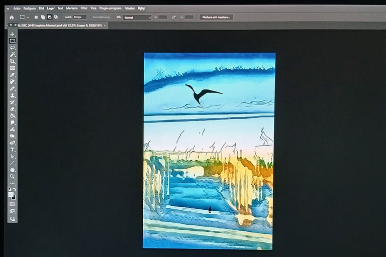 Digital art from photography of a bird flying over a bridge.