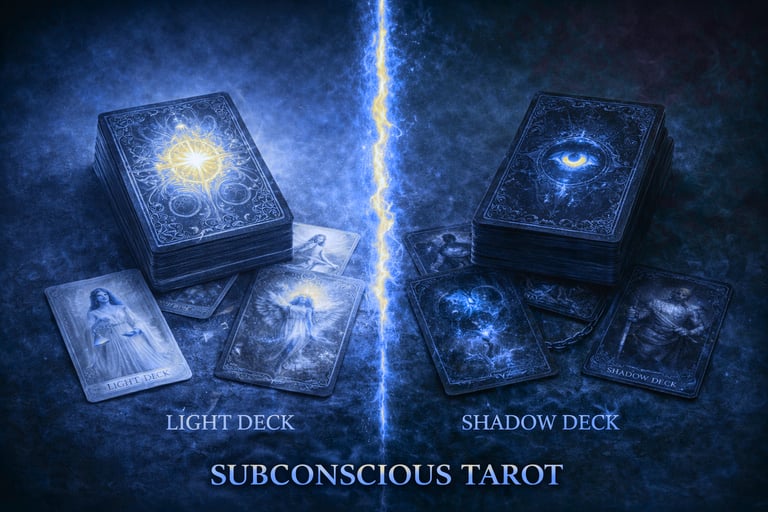 Subconscious Tarot light and shadow card decks divided by a bolt of glowing blue and yellow energy.