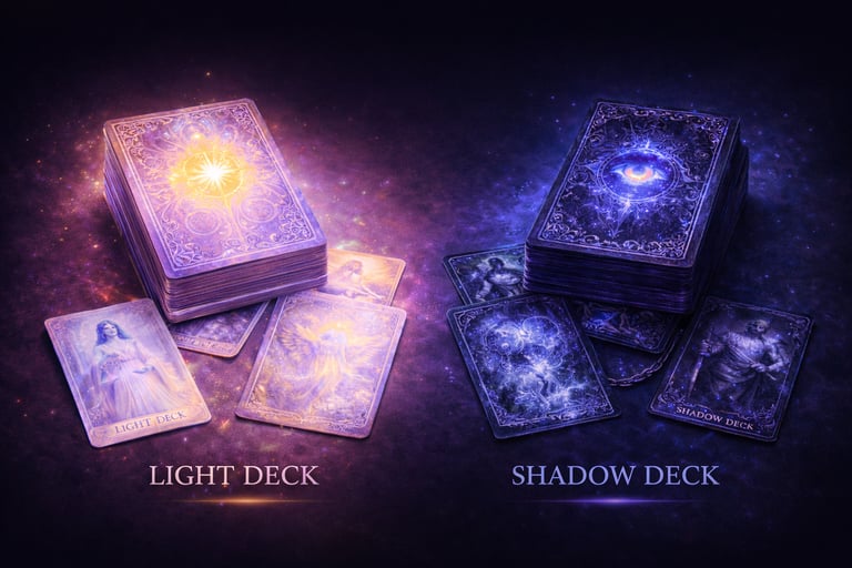 Glowing Light and Shadow oracle tarot deck cards in a mystical cosmic setting.