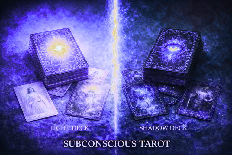 Subconscious Tarot light and shadow card decks divided by a mystical lightning bolt.
