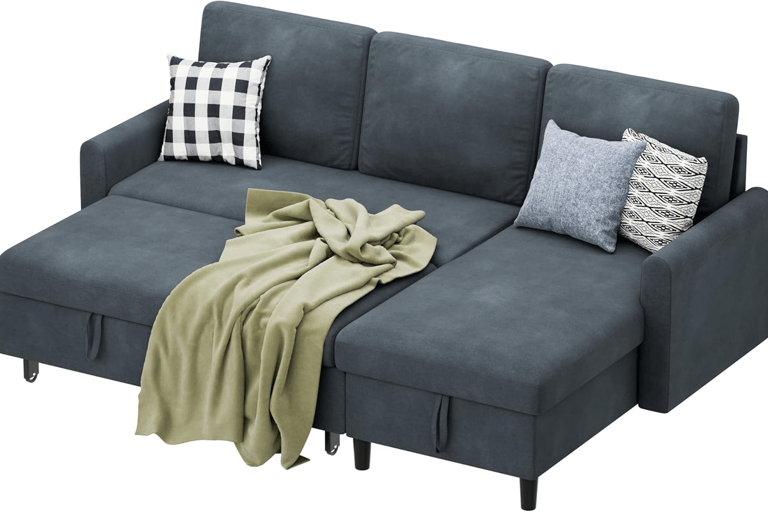 “Shintenchi pull-out sofa bed with hidden storage chaise and convertible L-shape design for modern h