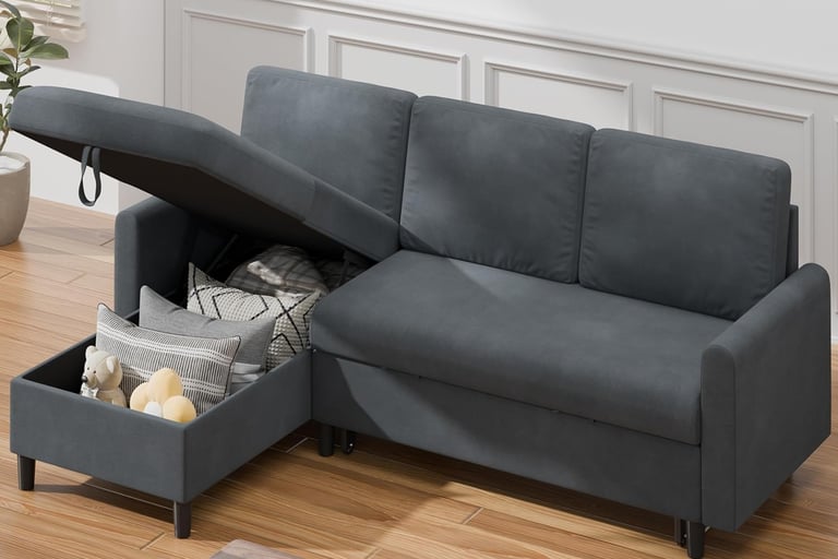 “Shintenchi pull-out sofa bed with hidden storage chaise and convertible L-shape design for modern h