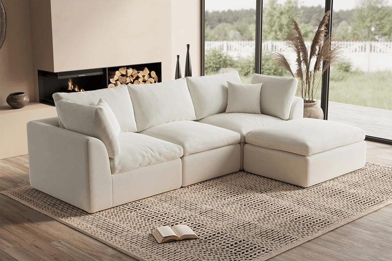 Large 110 inch cloud sectional sofa with ottoman, modular configuration, and soft chenille fabric