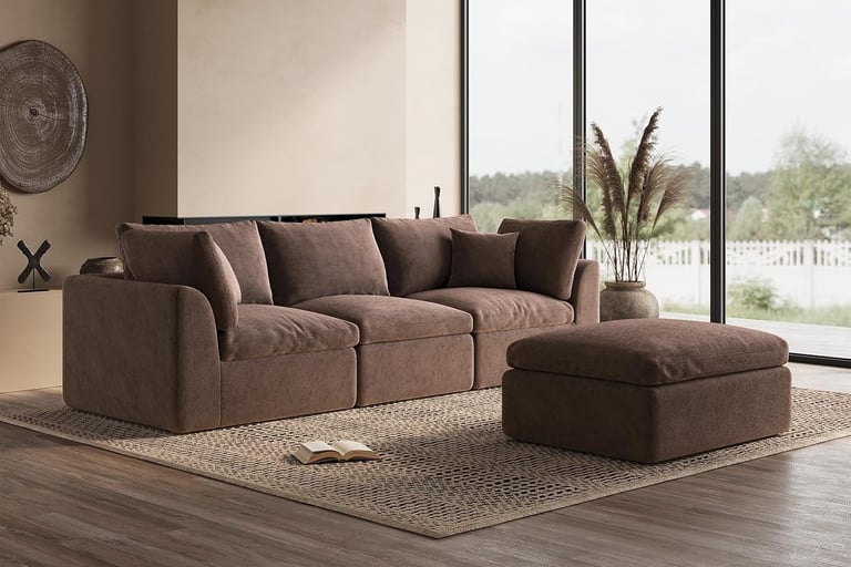Large 110 inch cloud sectional sofa with ottoman, modular configuration, and soft chenille fabric.