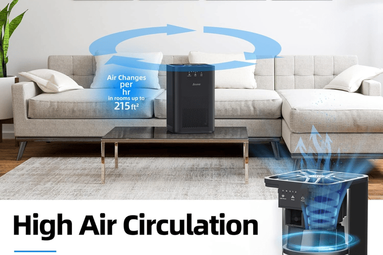 Modern AROEVE air purifier next to bed, emitting clean air and soft light