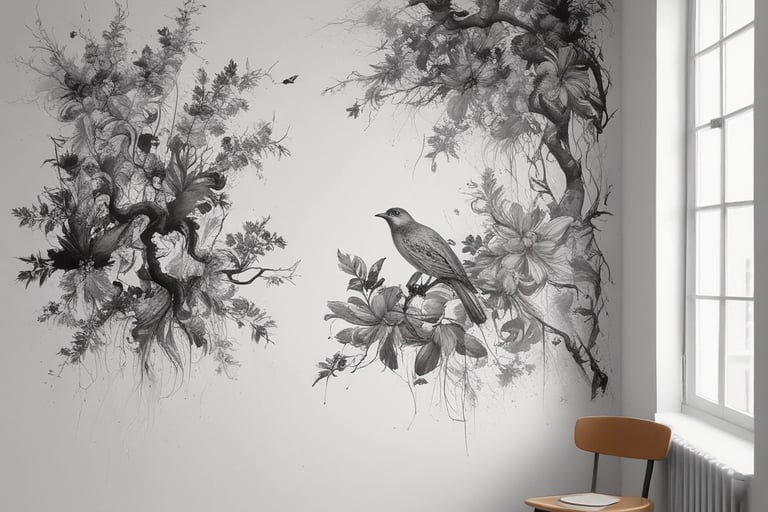 A minimalist room featuring black and white floral wall mural art with a bird and a modern wooden c.