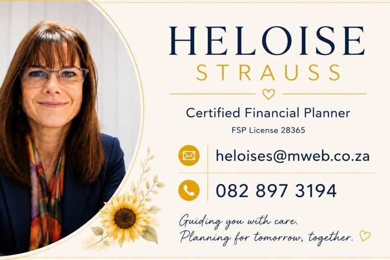 Business card for Heloise Strauss, a Certified Financial Planner with contact details and sunflower branding.