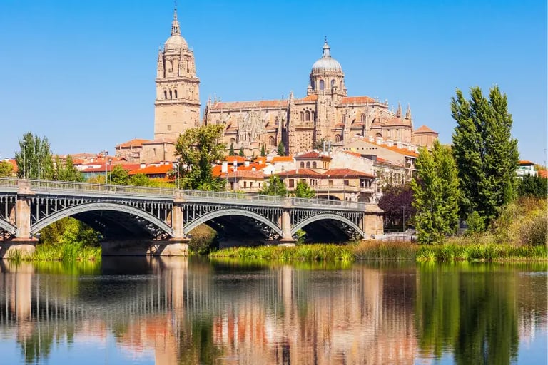 Salamanca Cathedral and the Roman Bridge reflecting in the Tormes River under a clear blue sky.