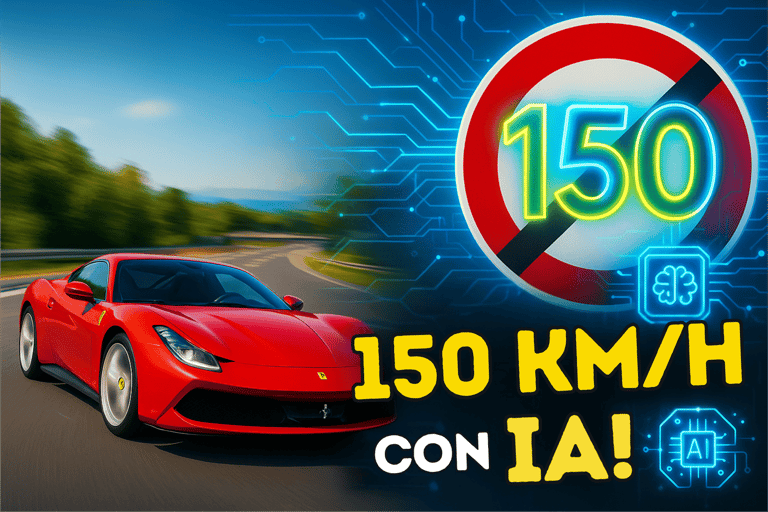 Ferrari rojo junto a señal 150 km/h sobre fondo simboliza IA, nuevo límite velocidad España 2025