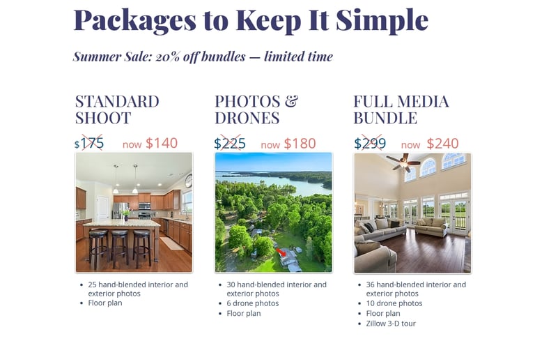 screenshot of five-media.com packages page on website