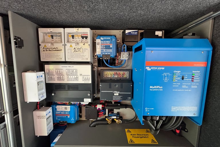 Wohnmobil-Elektrofach mit Victron MultiPlus, Orion XS, Ladebooster, MPPT-Solarladeregler