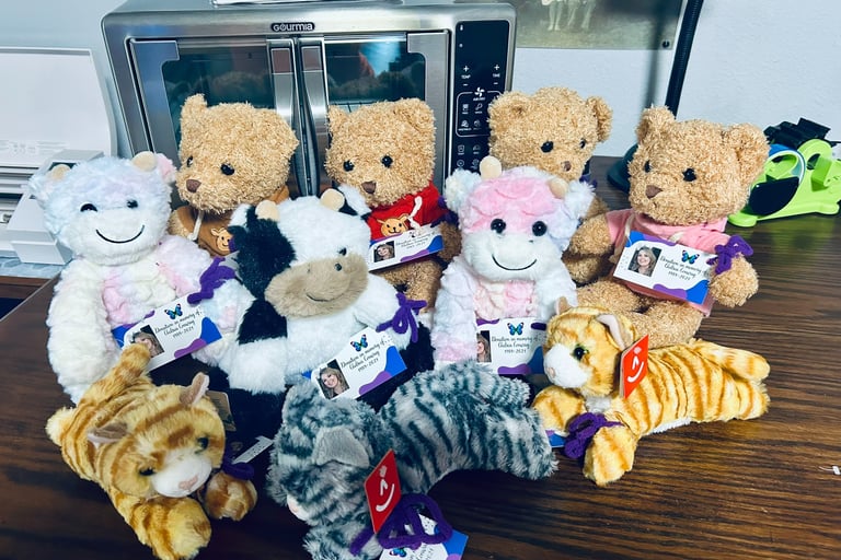 a bunch of stuffed animals sitting on a table