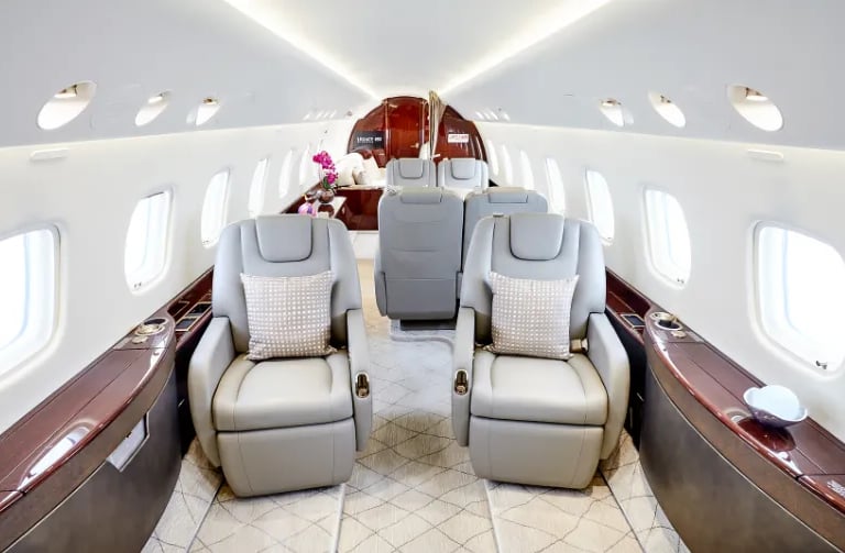Interior of an Embraer Legacy 650 private jet, waiting for it's next customers.