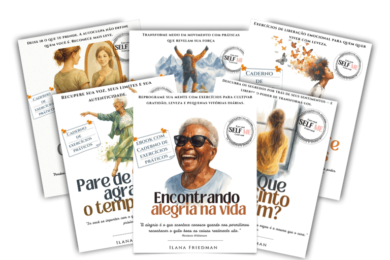 Coleção Self Me com cadernos terapêuticos sobre autoconhecimento e superação.