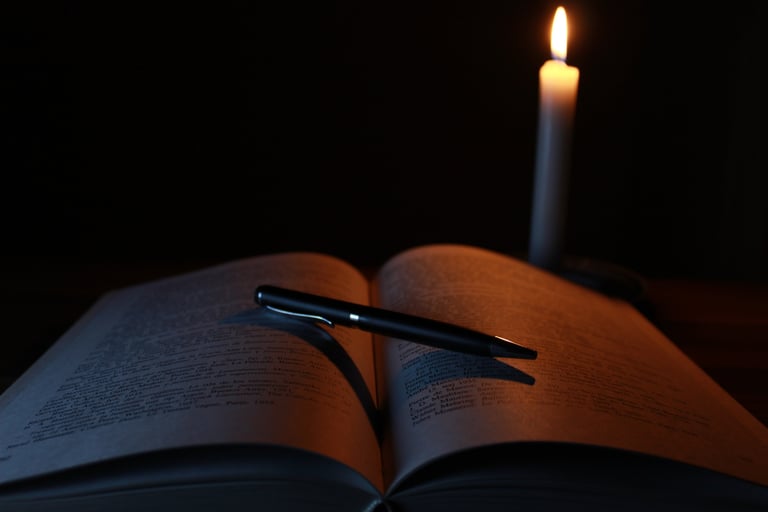 book and pen in candle light