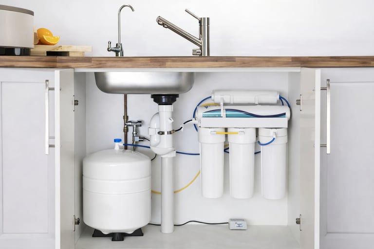 Under sink reverse osmosis water filtration system installation in Culver City kitchen