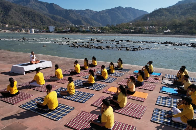 Group of people undergoing yoga course in Rishikesh