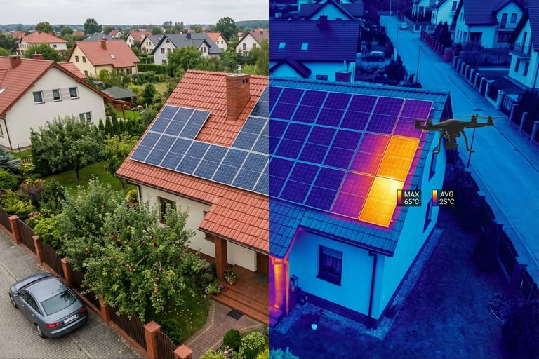 Termowizja paneli fotowoltaicznych z drona – obraz RGB i termiczny